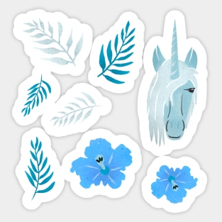 Blue Unicorn Hibiscus and Leaves Sticker